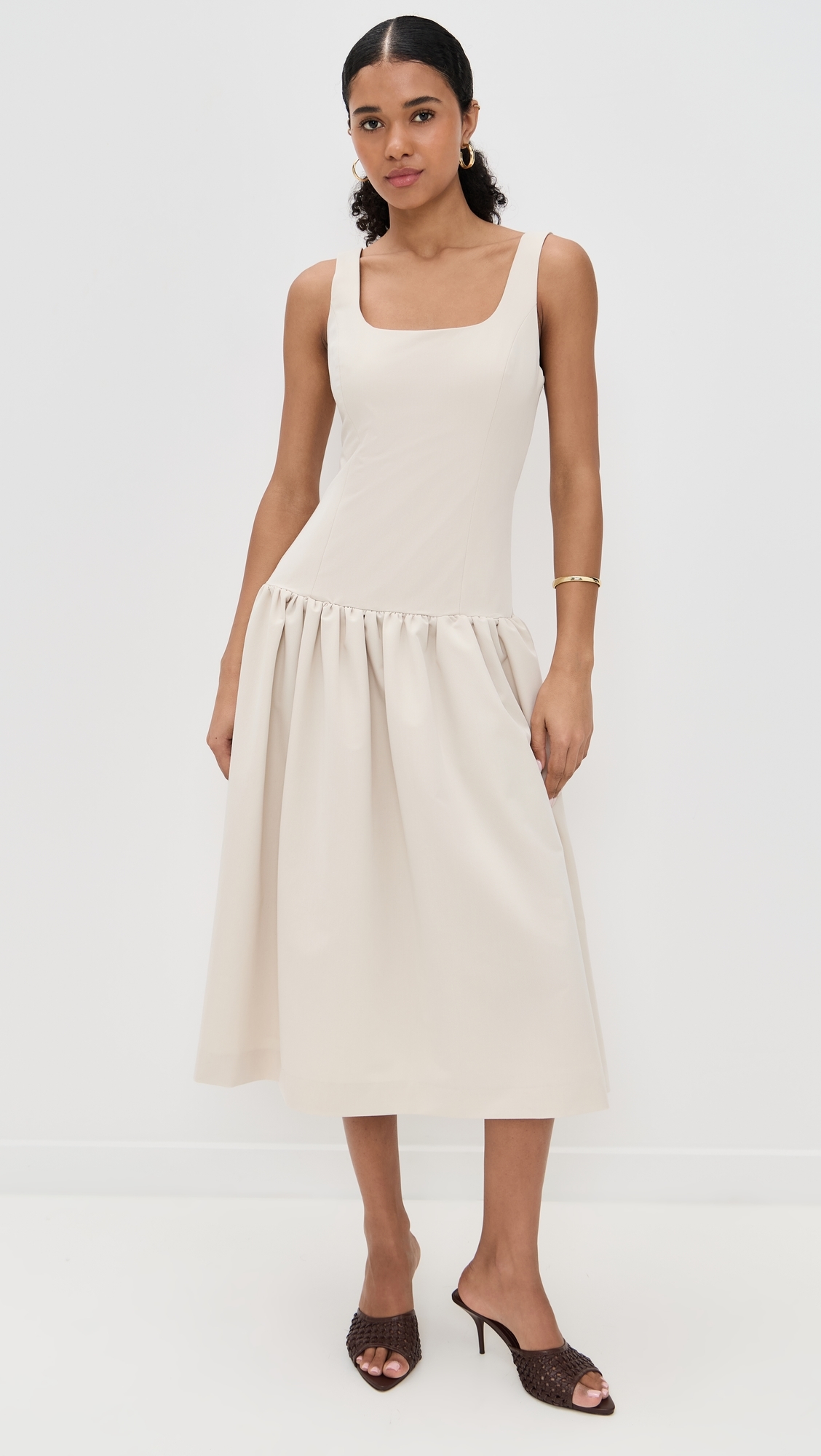 Drop Waist Peplum Midi Dress Beige 