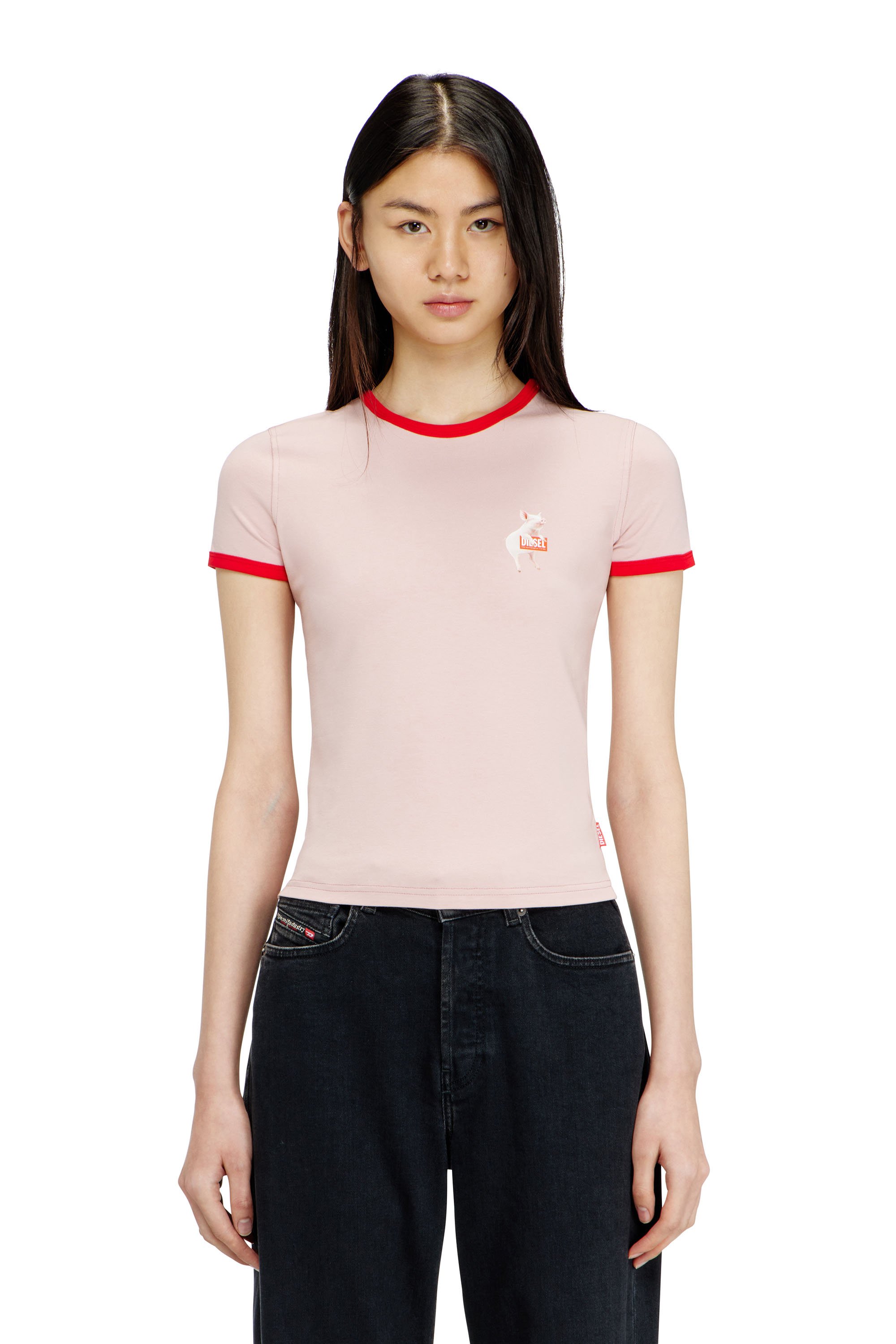 Slim T-shirt with pig print - T-Shirts - Woman - Pink