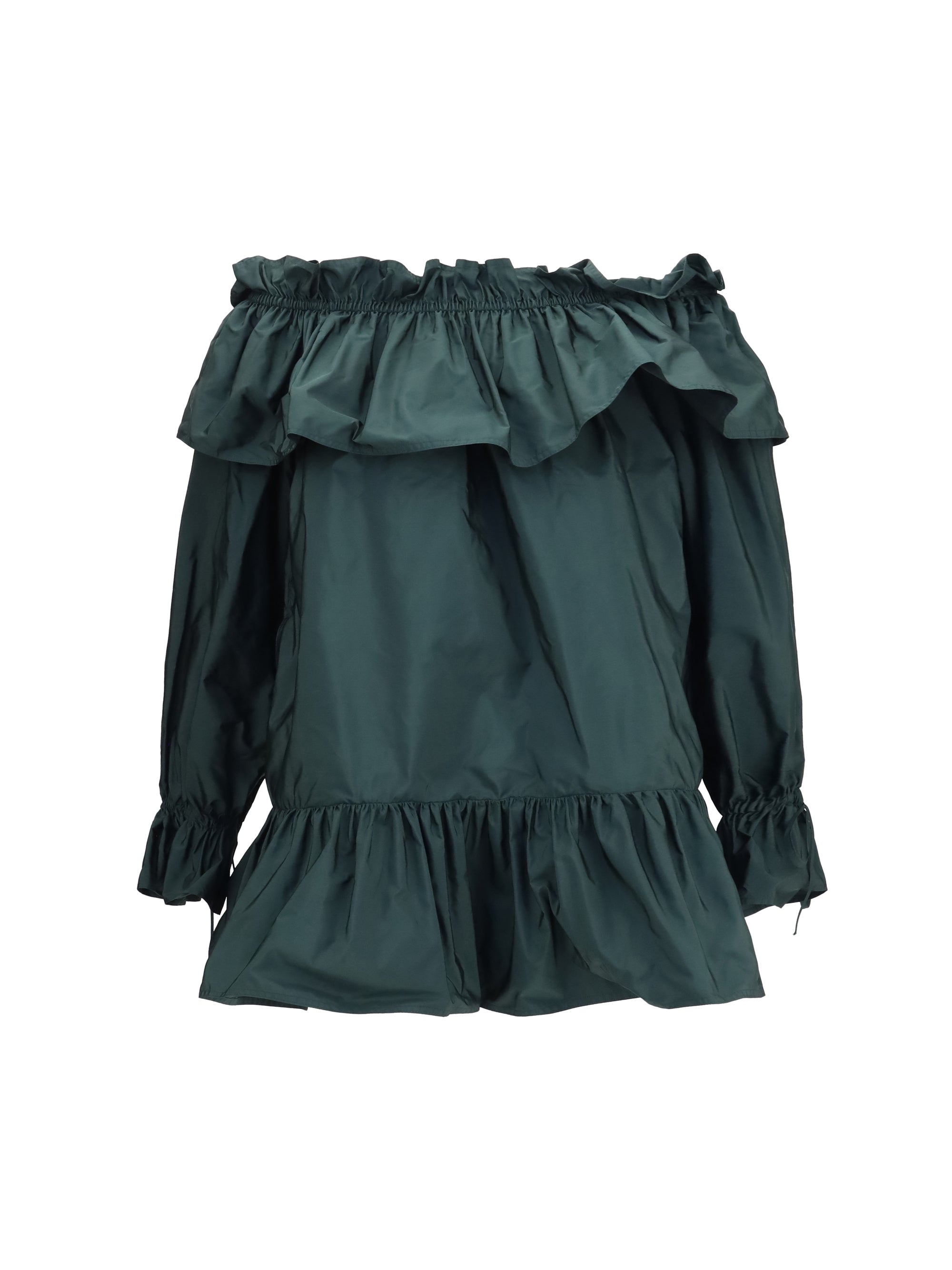 Ruffled Off-Shoulder Nylon Poplin Dress — Green