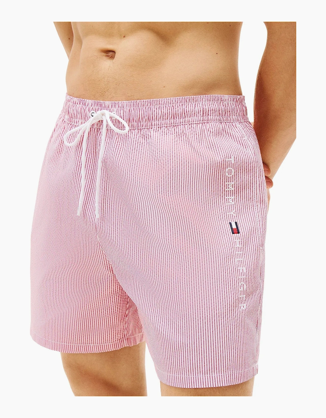 Tommy Hilfiger Men's Original Stripe Mid Length Swim Shorts, Ithaca White/Medium Red - Blue