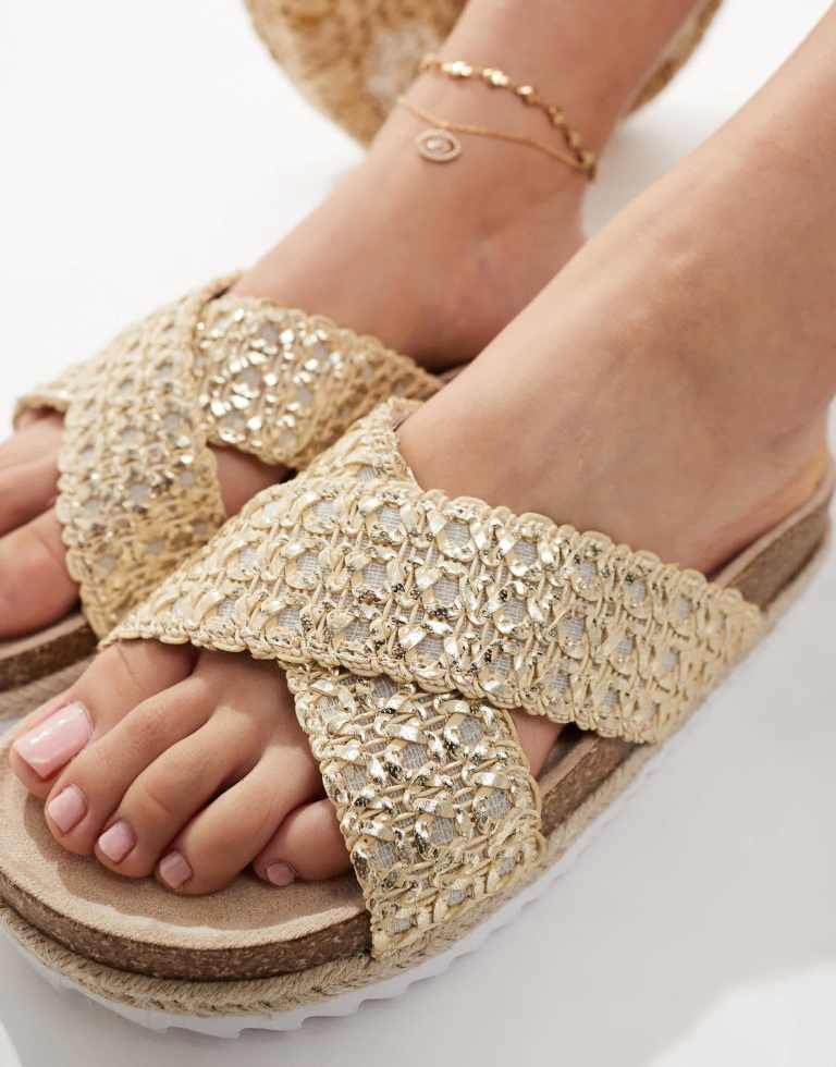 ASOS DESIGN Womens Wide Fit Jessica cross strap espadrille mule sandal in gold weave