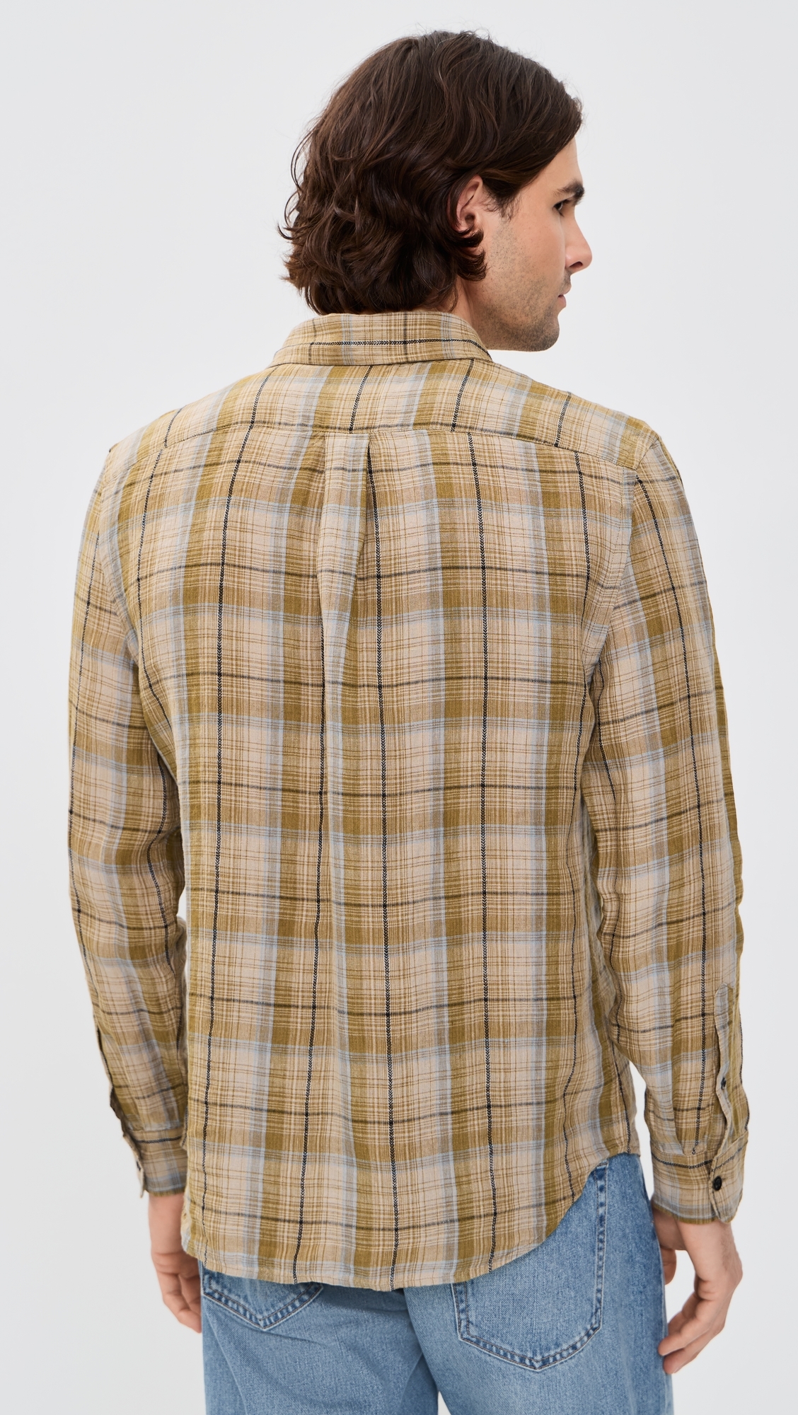 Dobby Plaid Linen Cedar Button Down Shirt Olive