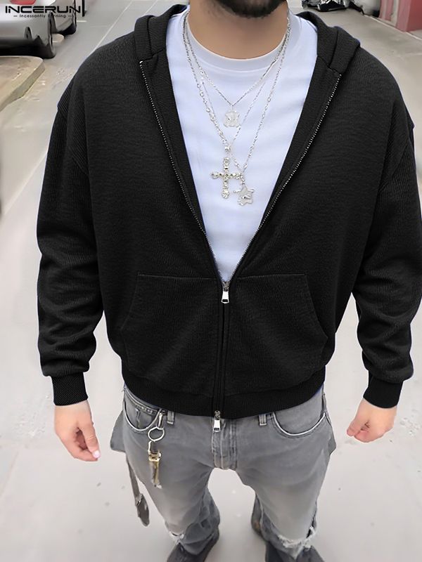 Men's Solid Color Textured Hooded Long Sleeve Sweater SKUL30571 - Black / S