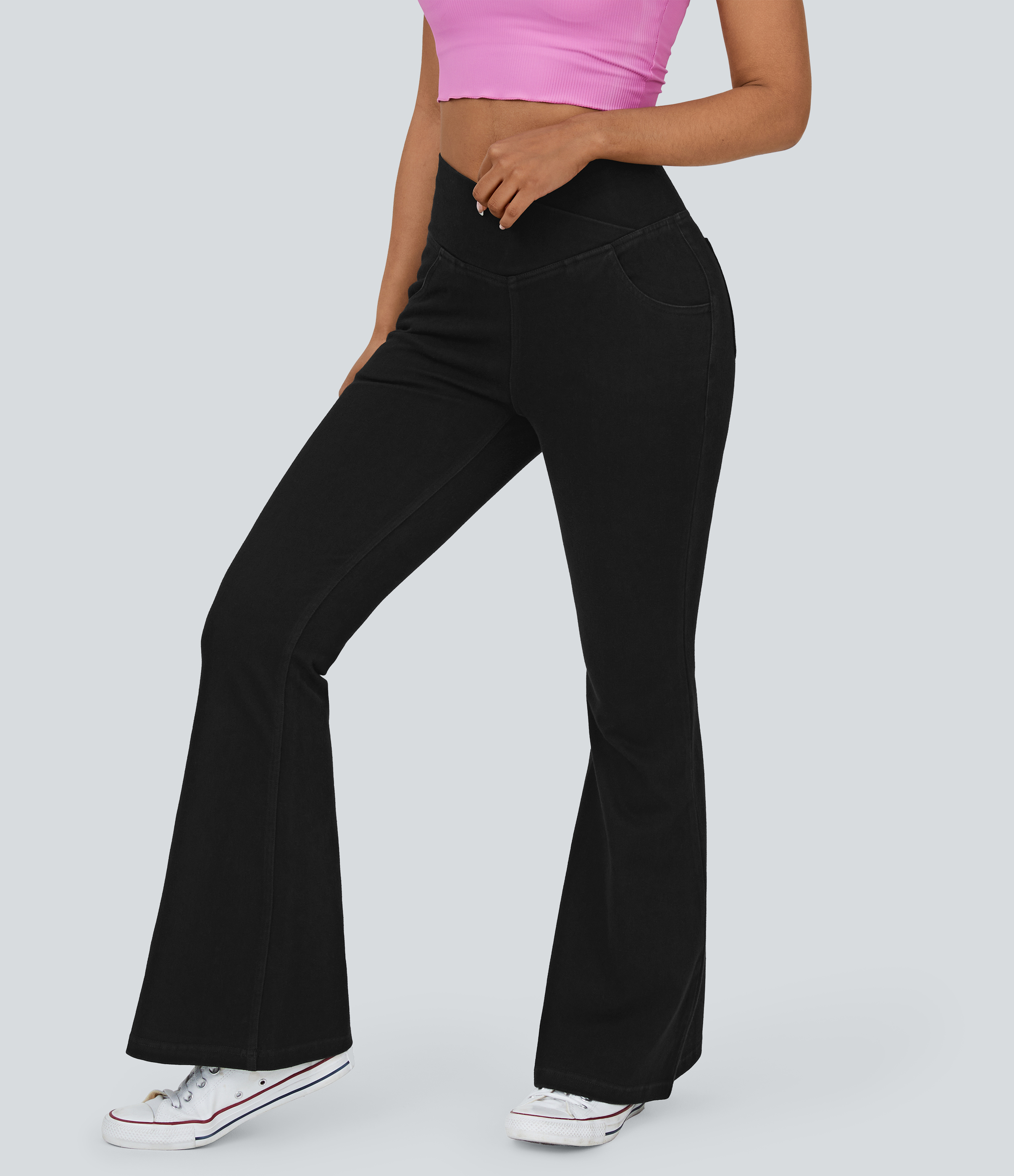 Flex™ High Waisted Crossover Pocket Washed Casual Jeans  - Black Denim
