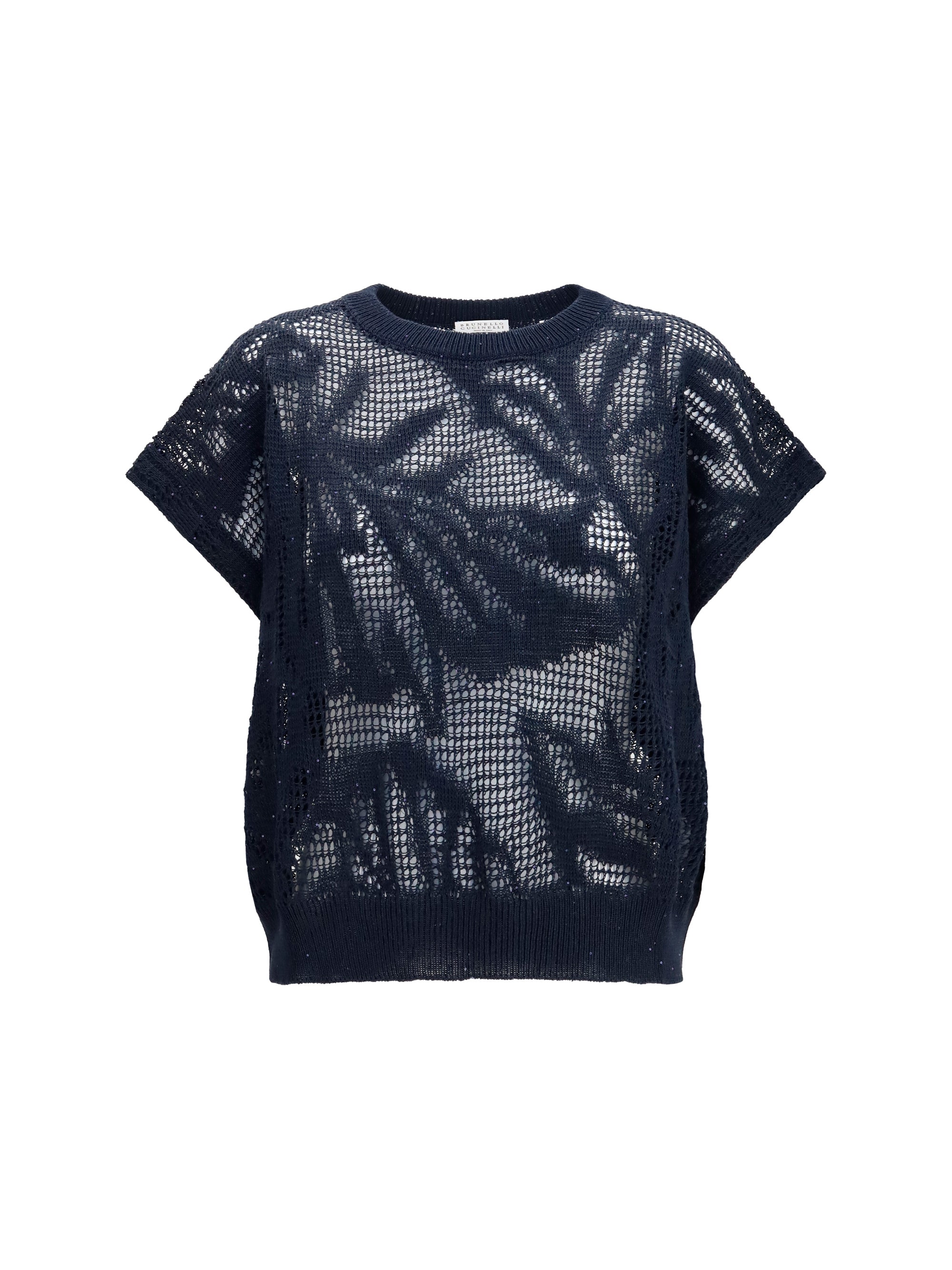 Linen-Cotton Lace Knit T-Shirt — Navy