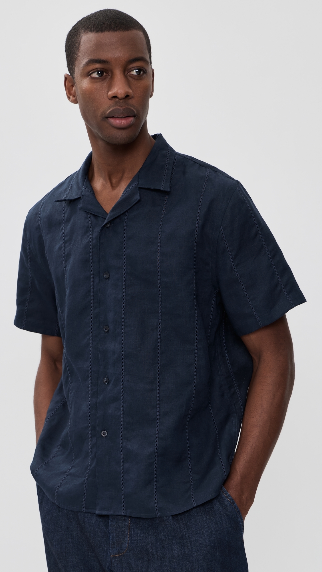 Linen Eyelet Stripe Short Sleeve Cabana Shirt Coastal