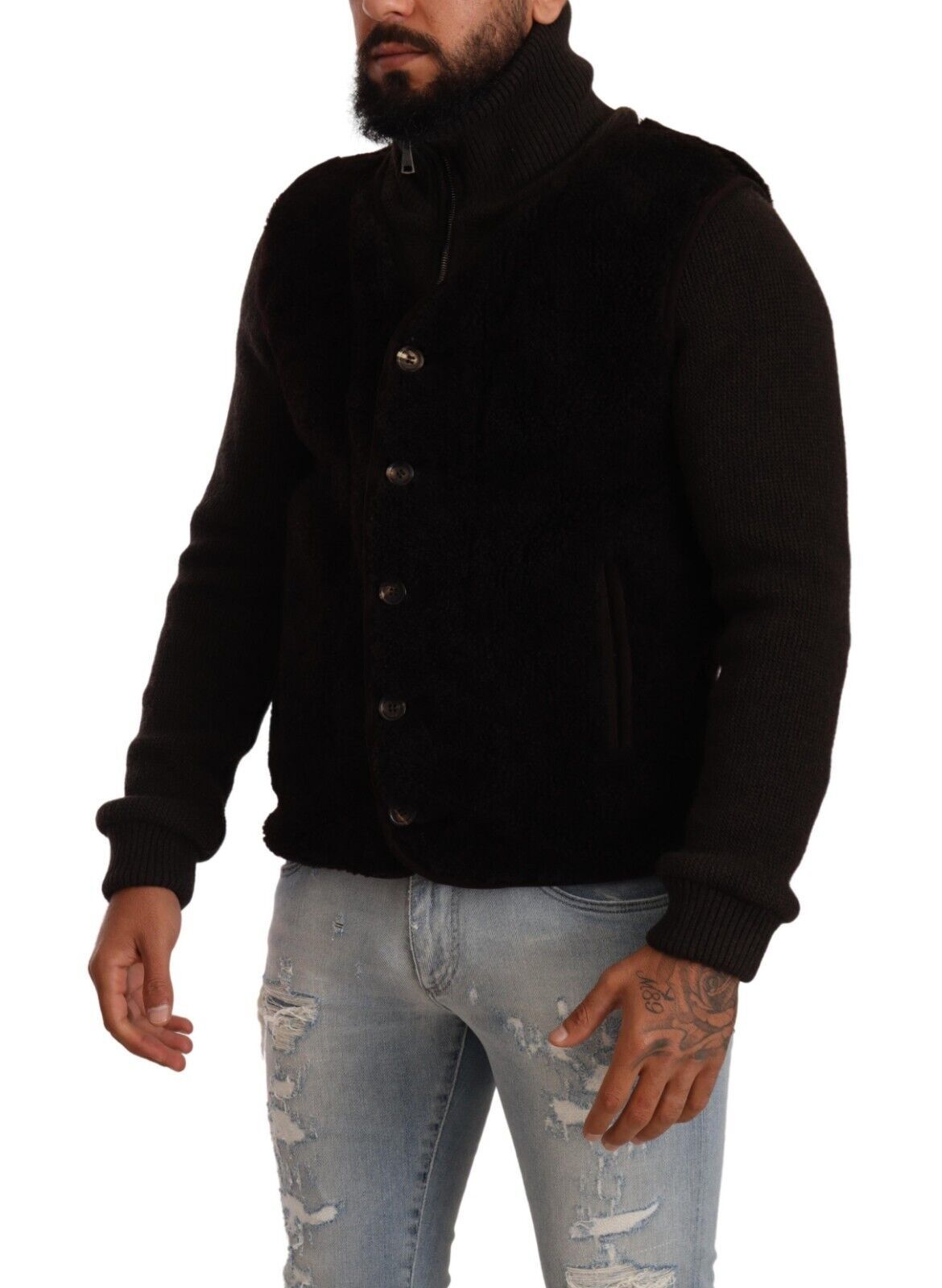 Leather Bomber with Turtleneck Collar Jacket — Black