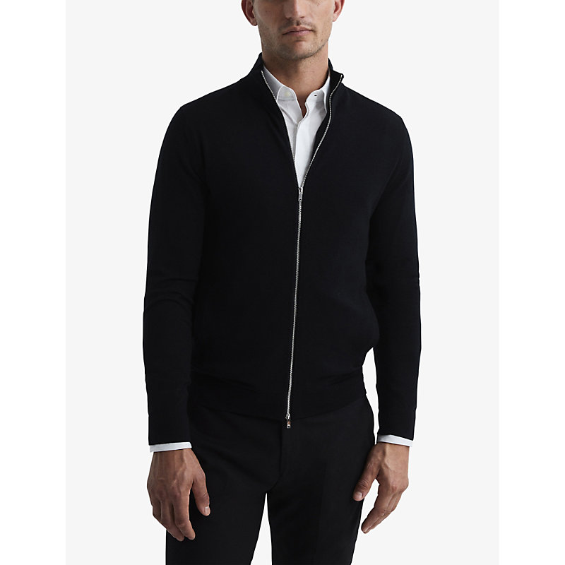 Mens Black Hampshire Funnel-neck Zip-through Merino-wool Cardigan