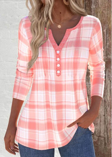Modlily Dusty Pink Tuck Stitch Plaid Long Sleeve T Shirt