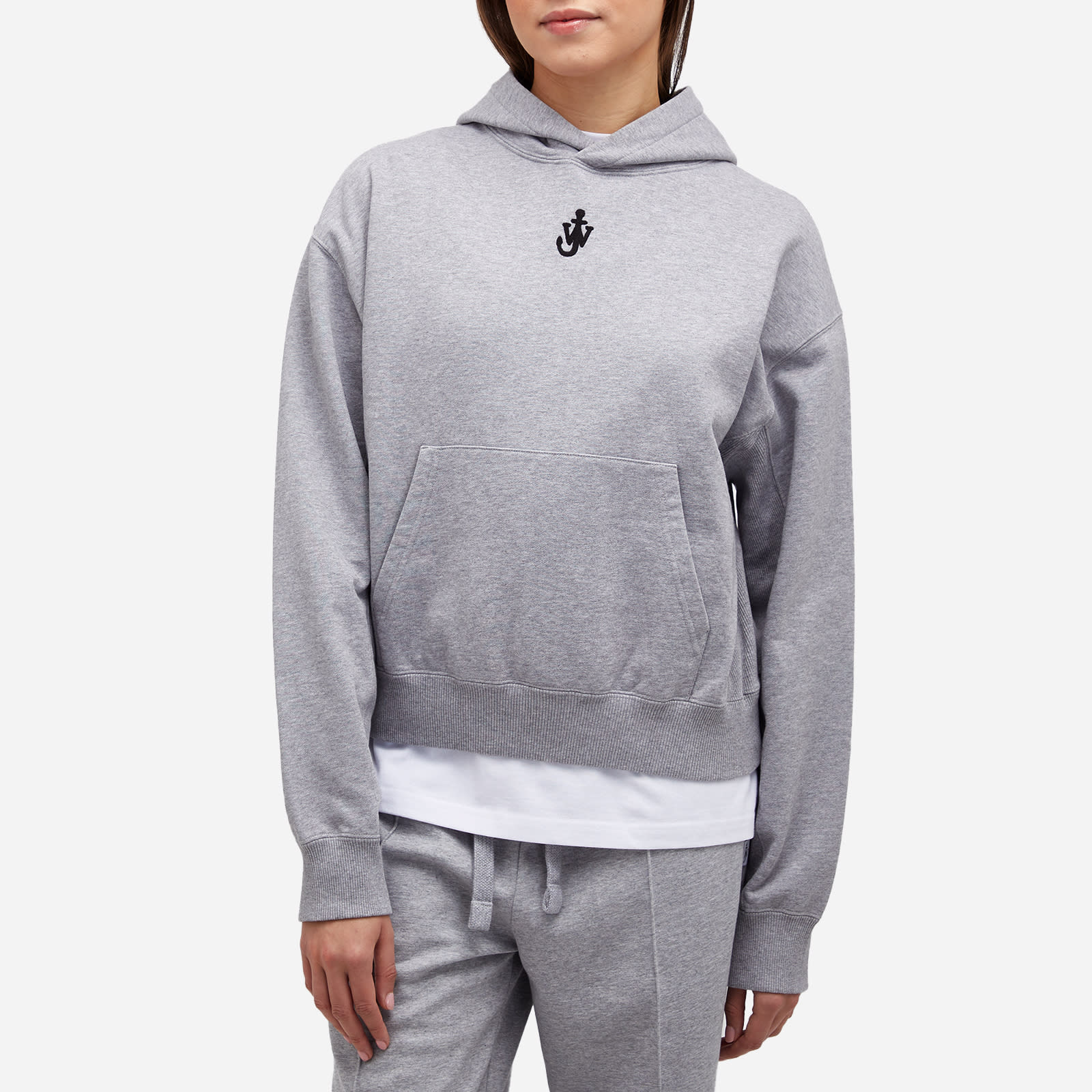 Women's Anchor Embroidery Cropped Hoodie in Grey Melange