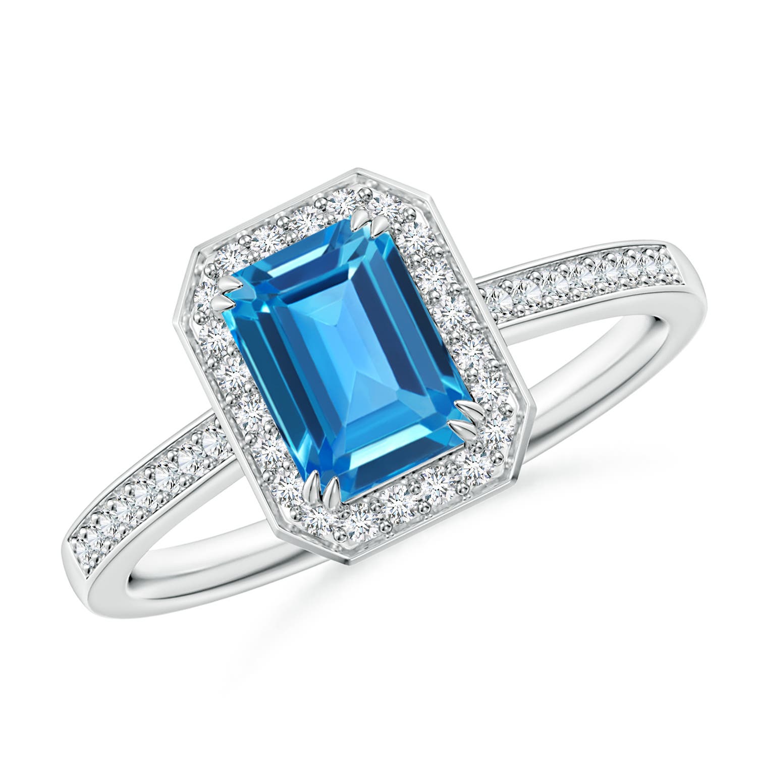 Angara 1.2 Carats Emerald-Cut Swiss Blue Topaz Engagement Ring with Diamonds in Platinum