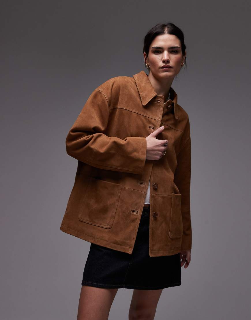 Topshop premium real suede patch pocket boxy jacket in tan-Brown