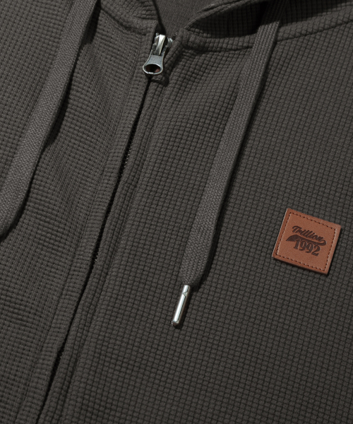 Leather Patch Waffle Hooded Zip-Up_Charcoal