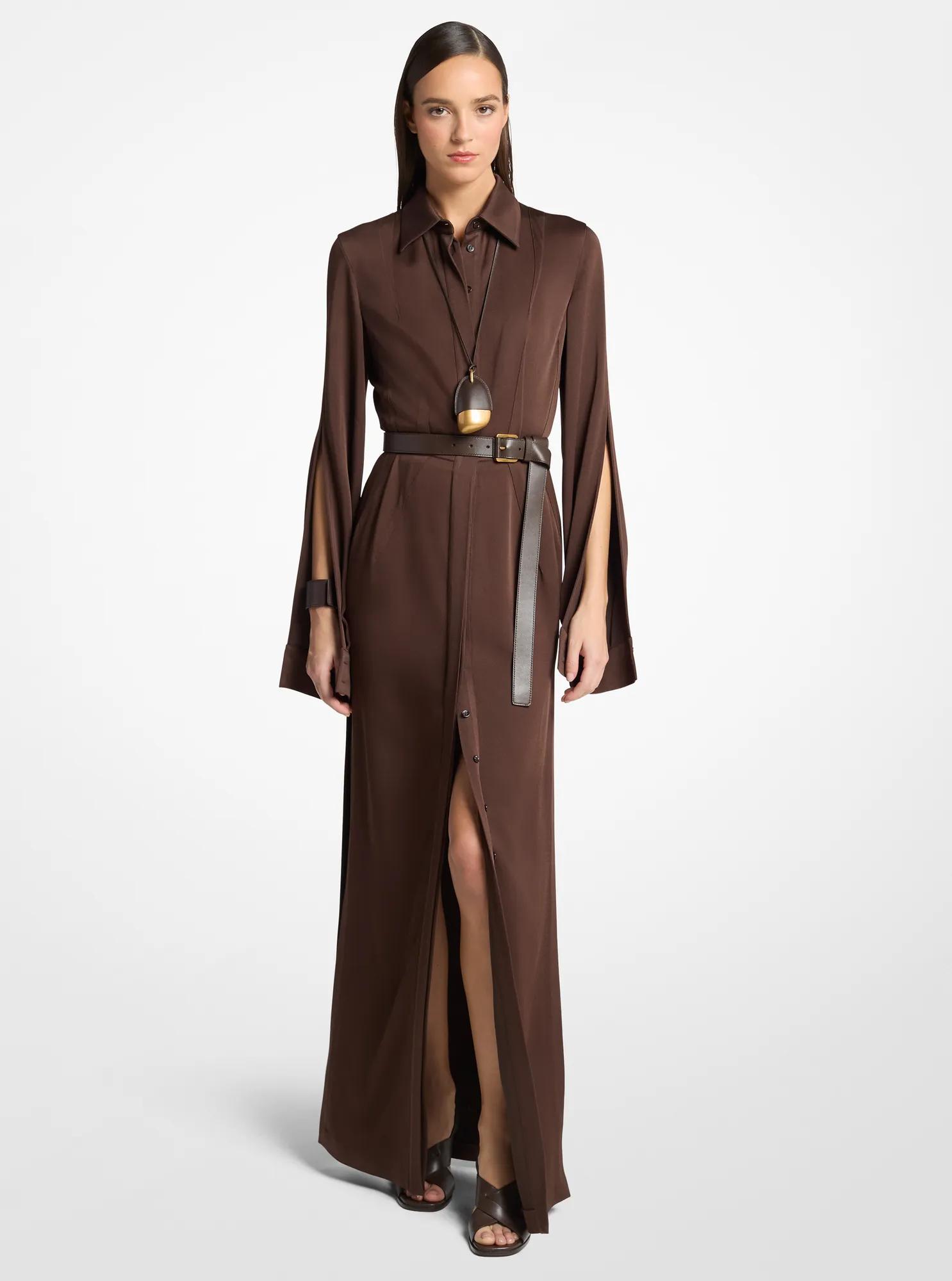 Michael Kors Techno Satin Slit-Sleeve Shirtdress in Brown - size 2 by