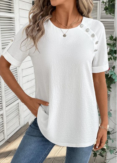 Modlily Bleaching White Button Short Sleeve Round Neck Blouse