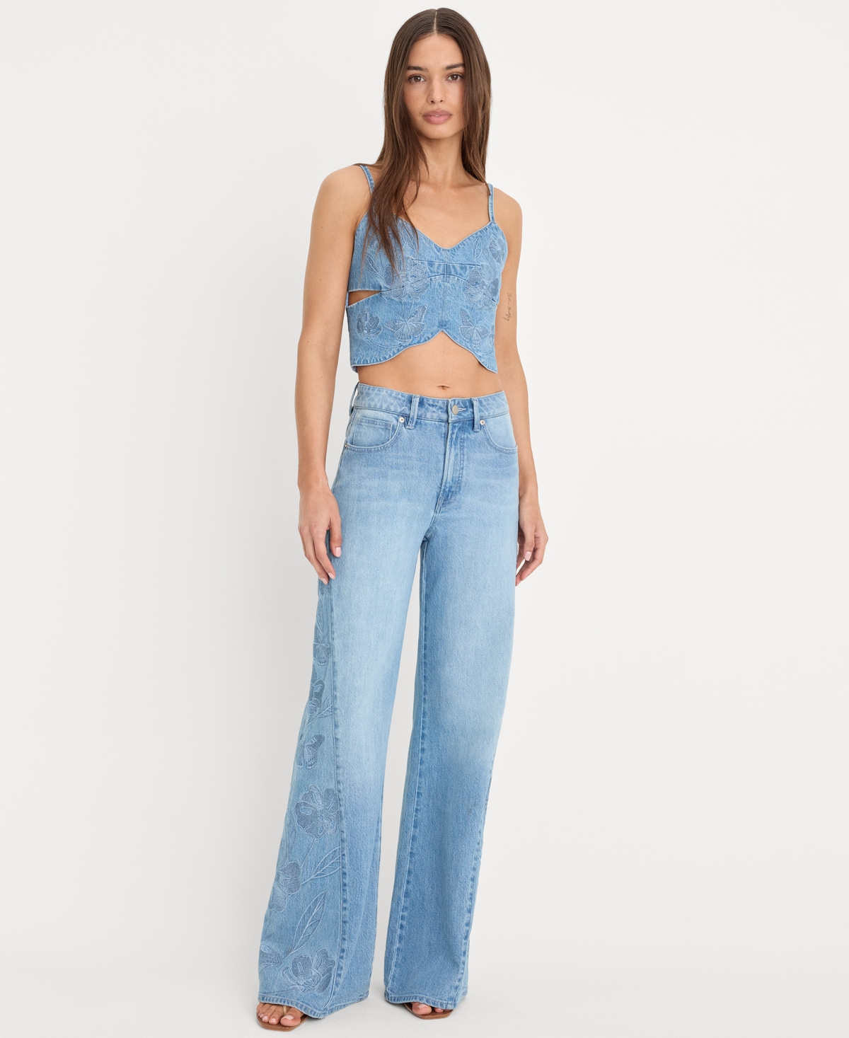 Women's High-Rise Wide-Leg Embroidered Jeans - Indigo1202