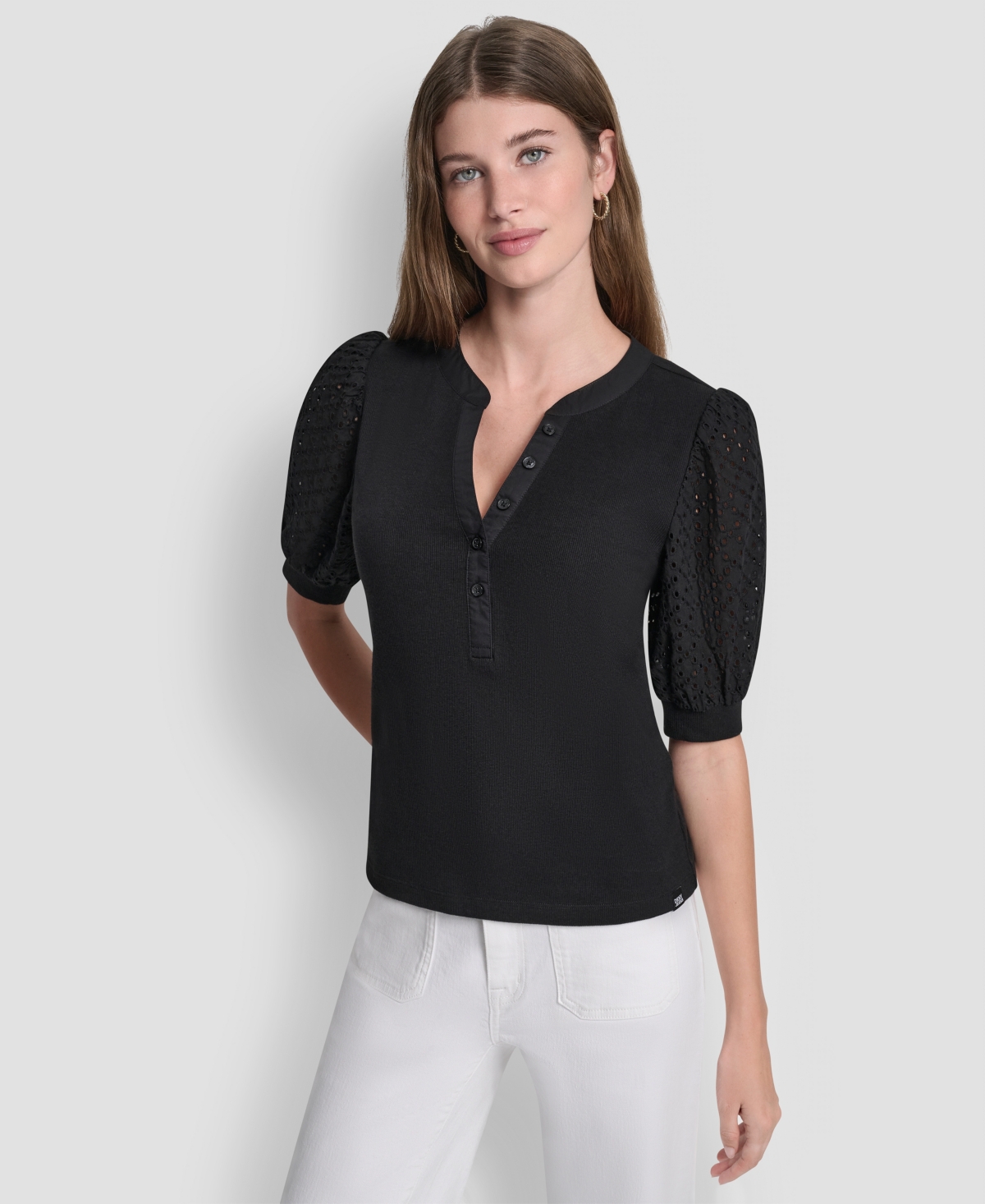 Petite Rib Body Eyelet V-Neck Top - Clover Black