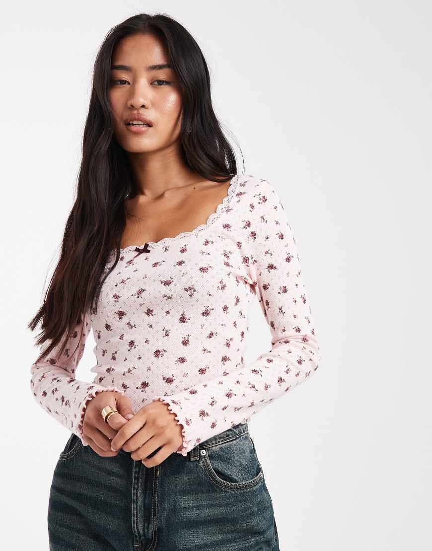 Pointelle square neck top in ditsy print-Multi