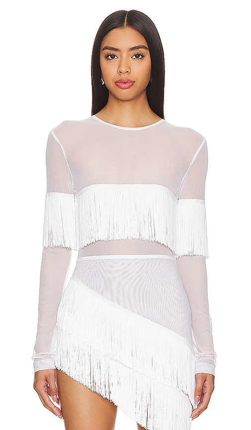 Norma Kamali Long Sleeve Crewneck Fringe Top in White. -  S also in L