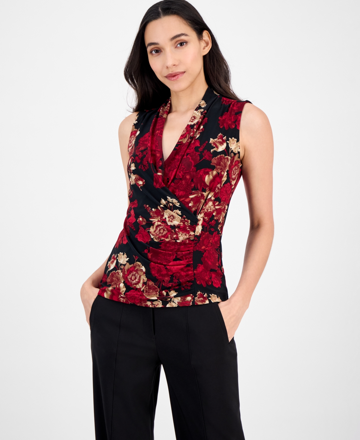 Women's Printed Surplice-Neck Shirred Top - Titian Red Multi