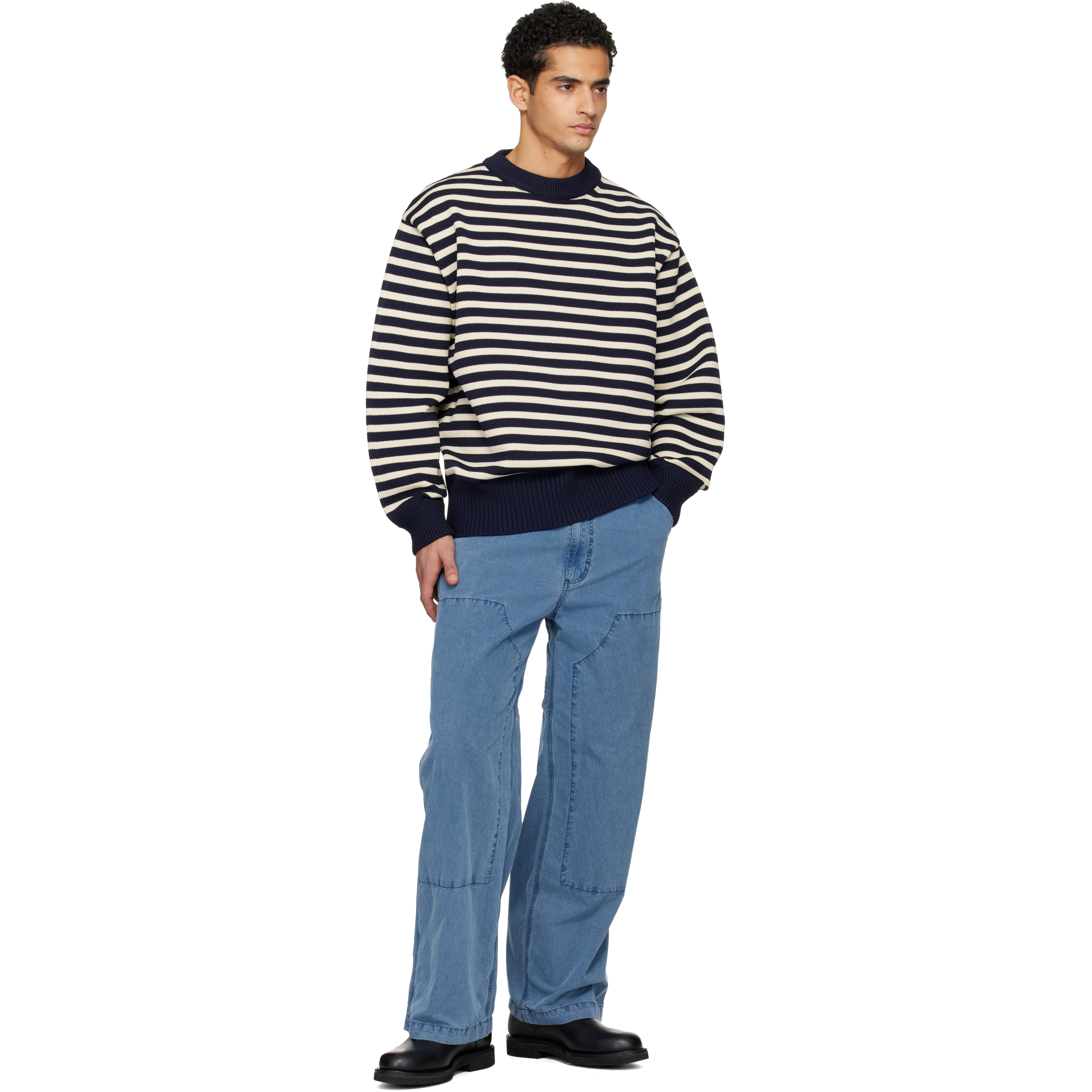 Navy & Off-White Mock Neck Stripe Sweater