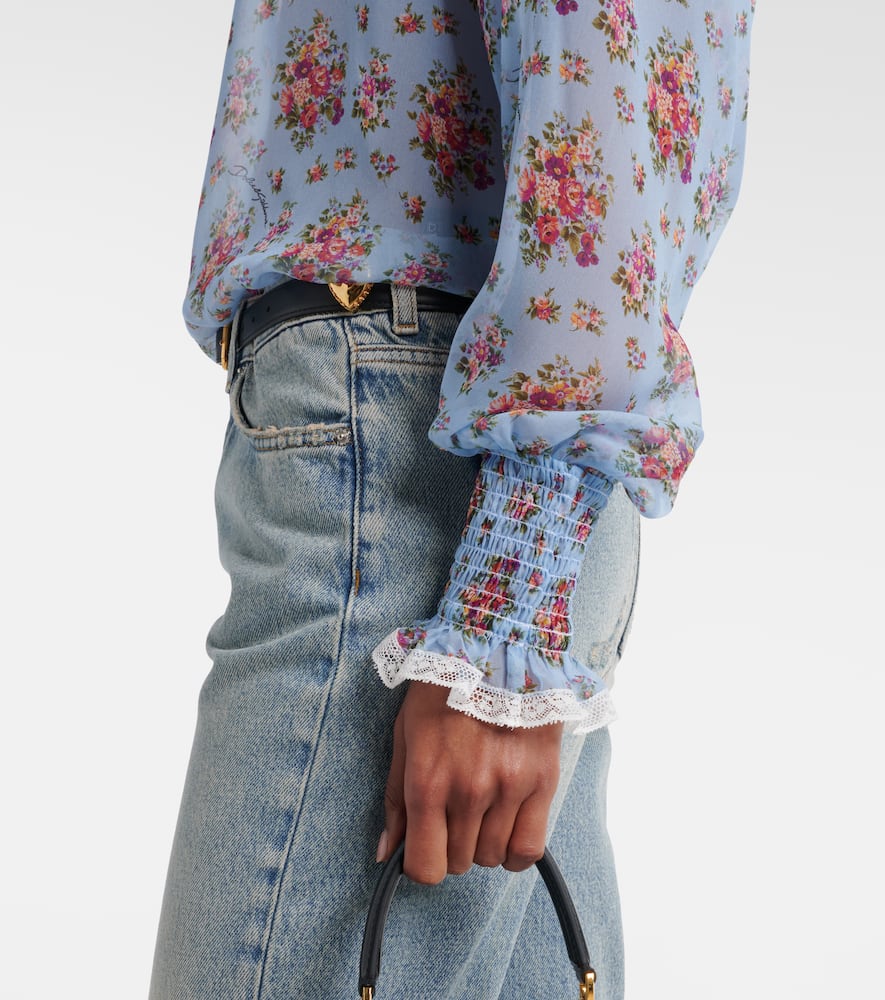 Floral ruffled silk and cotton blouse