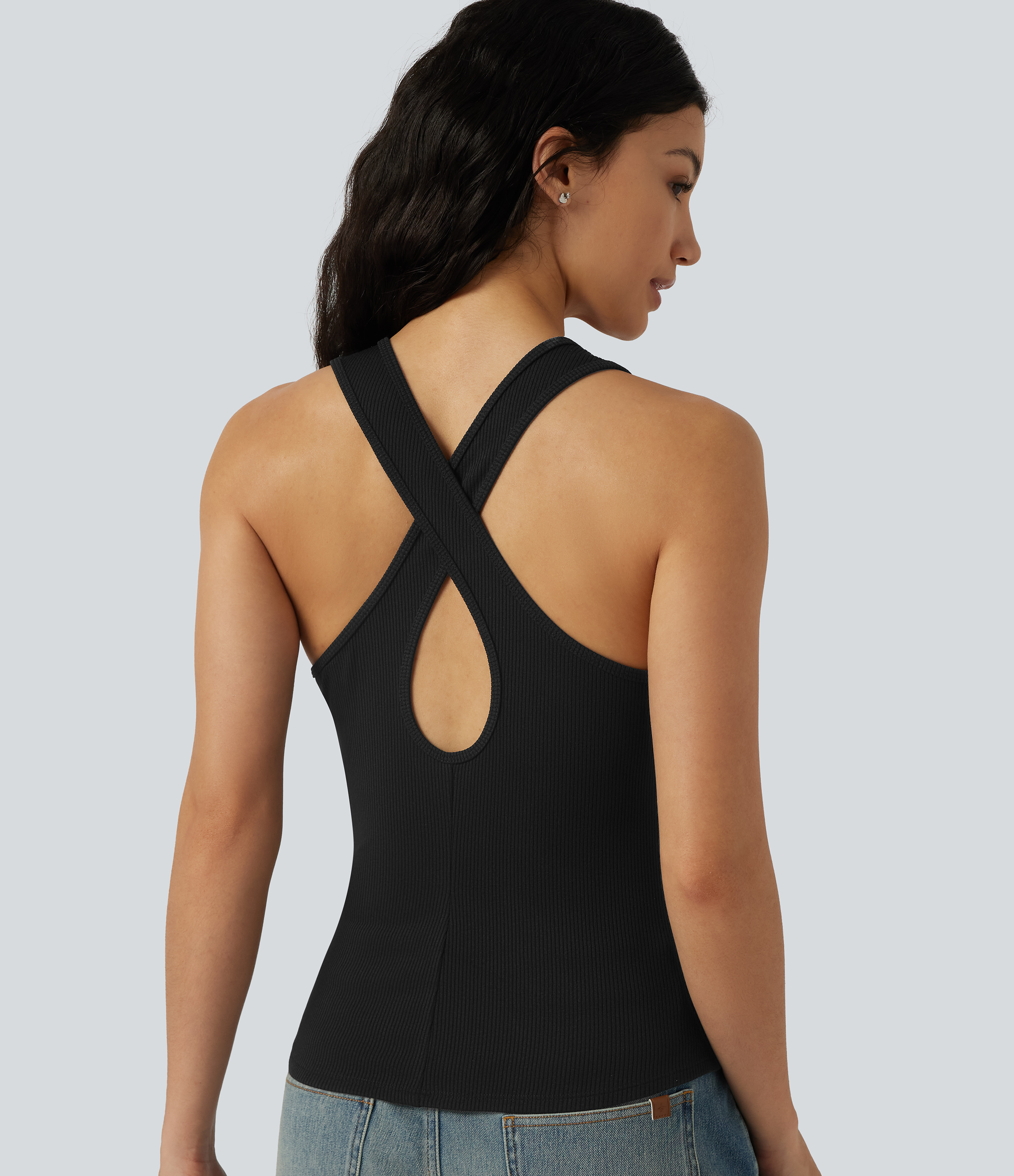 Ribbed Knit U-Neck Crossover Cut-Out Back Curved Hem Casual Tank Top  - Black