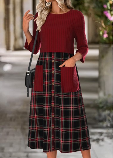 Modlily Wine Red Tummy Coverage Plaid Long Sleeve Dre