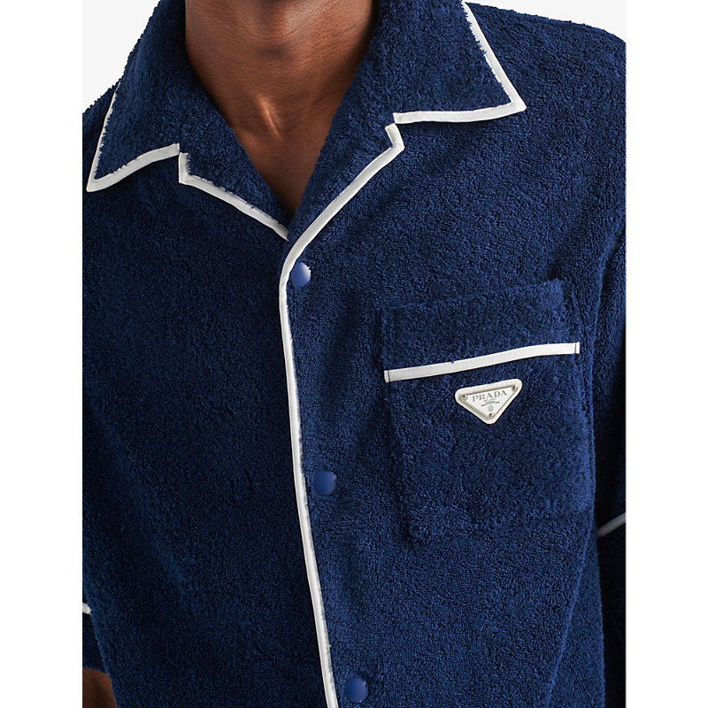 Mens Blue Brand-plaque Cotton Bowling Shirt 
