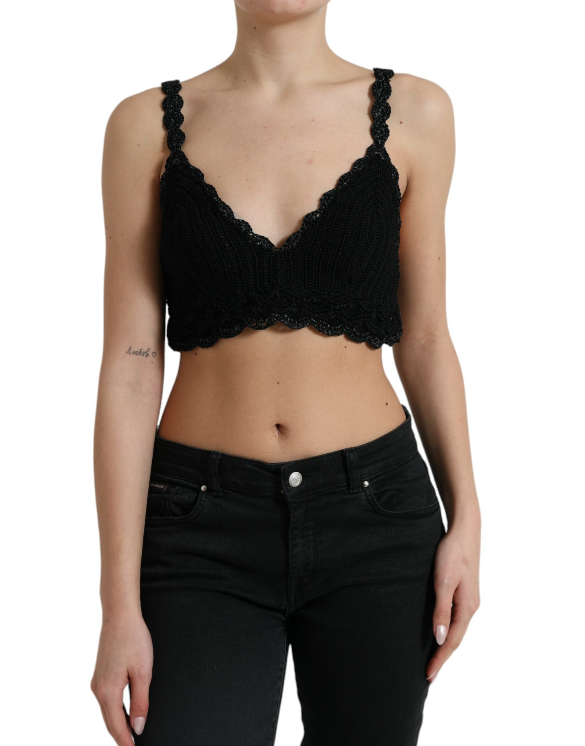 Lace-Trimmed Crochet Bustier Tank Top — Black