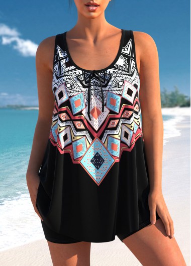 Modlily Tribal Print Black Bowknot Tankini Top