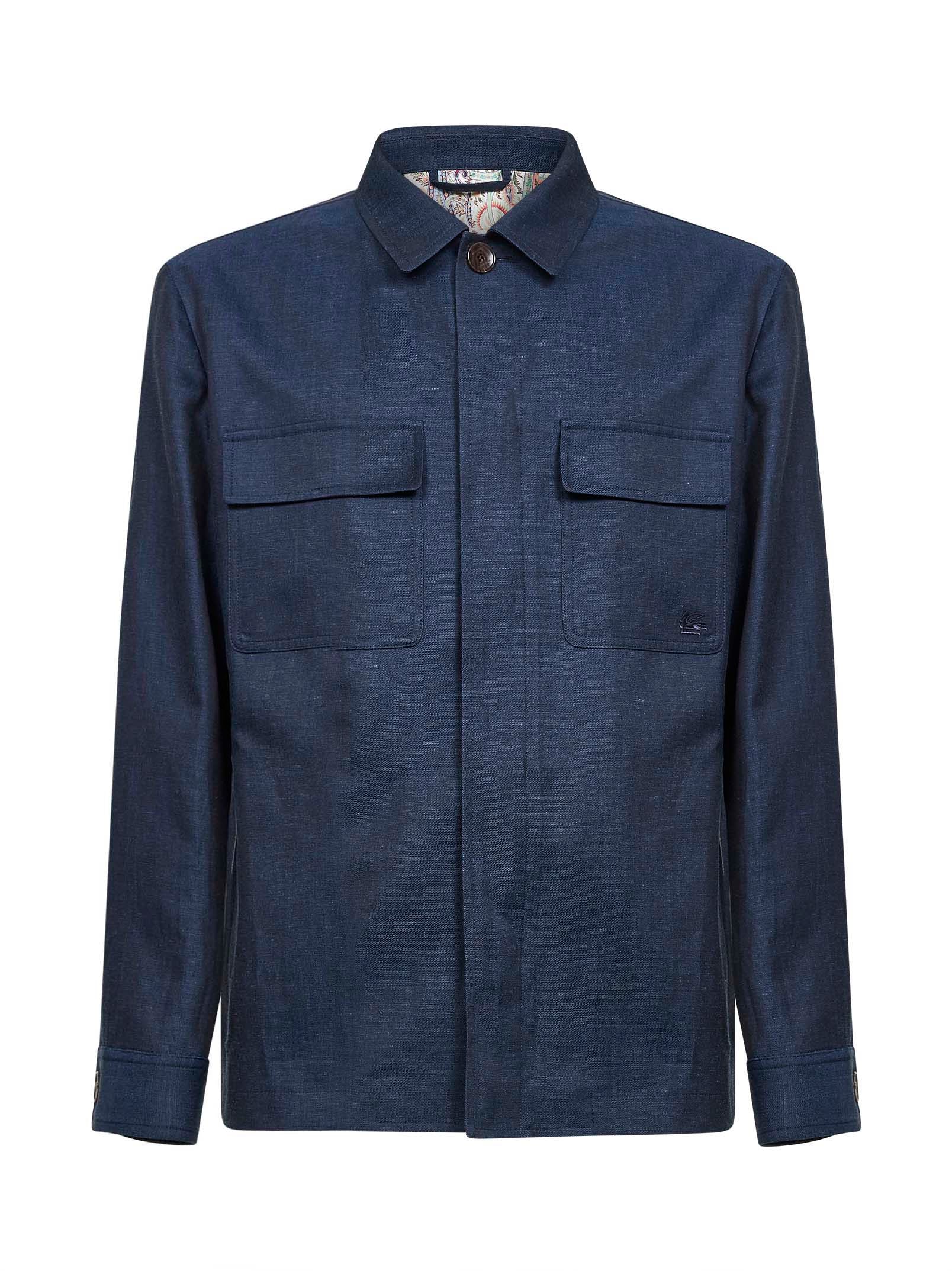Wool-Linen Shirt Jacket Shirt — Blue