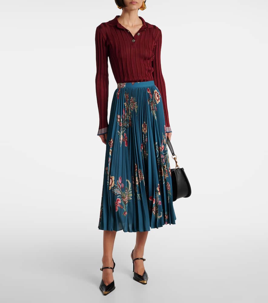 Plissé high-rise floral midi skirt