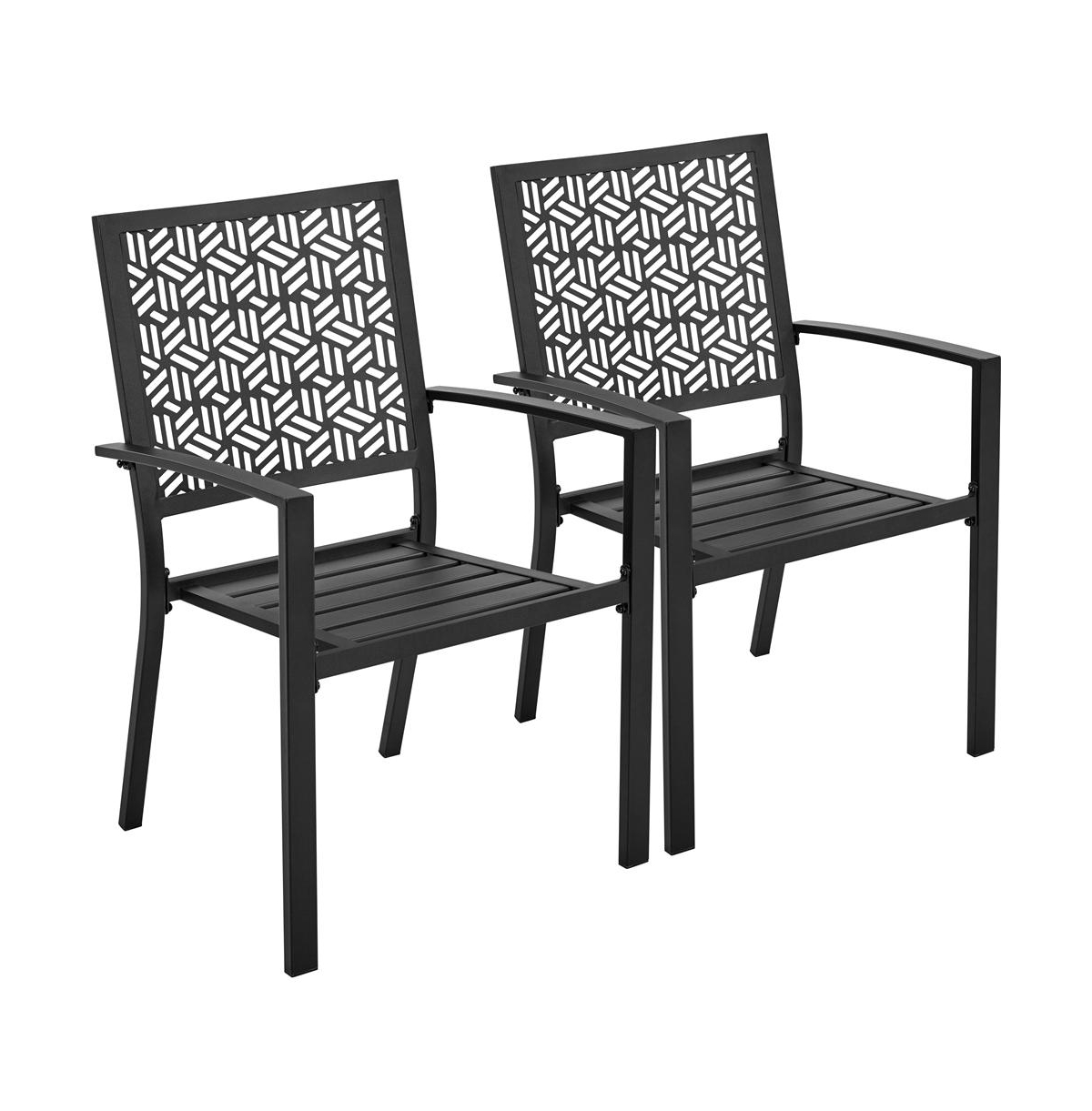 Set of 2 Outdoor Patio Dining Chairs with Slatted Seat - Black