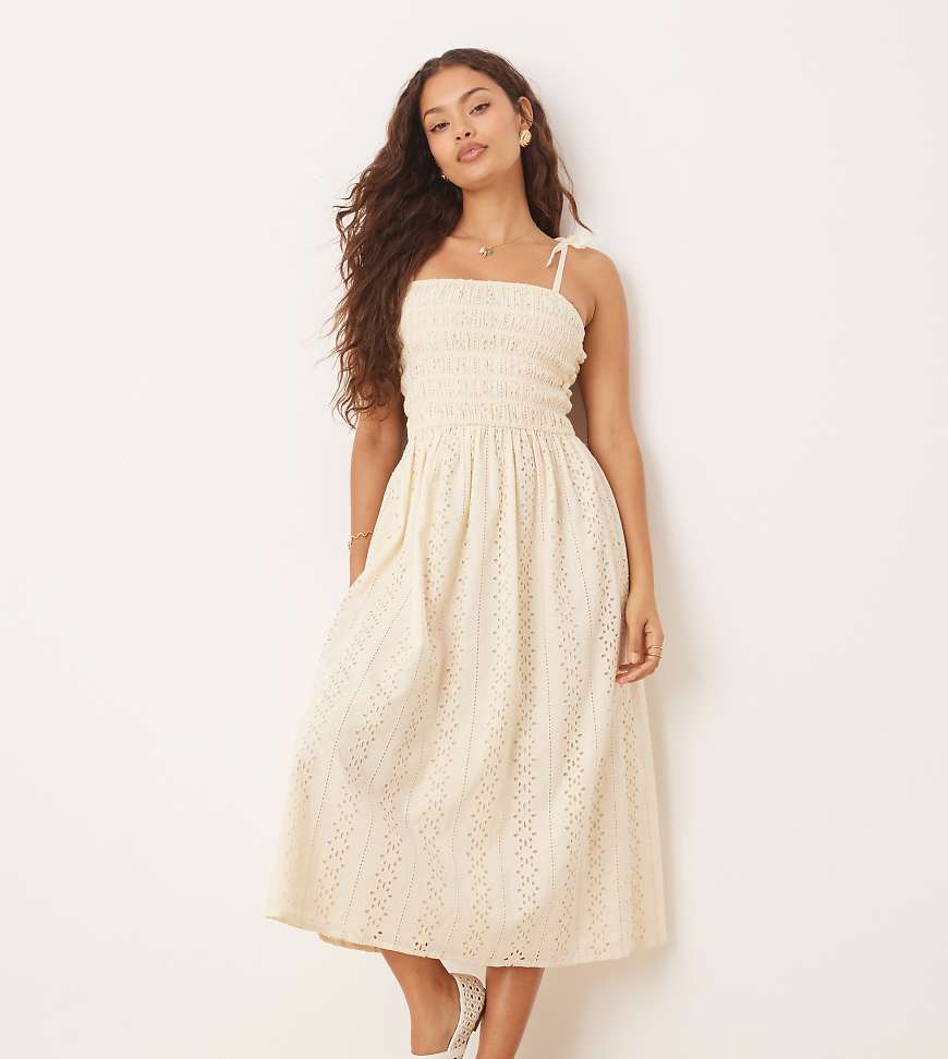 Miss Selfridge petite strappy broderie maxi dress in buttermilk-Yellow