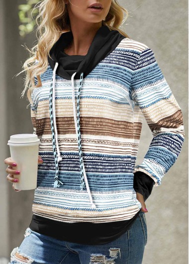 Modlily Blue Geometric Print Long Sleeve Cowl Neck Sweatshirt