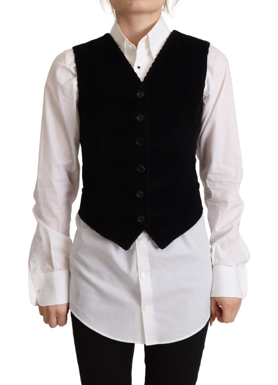 V-Neck Corduroy Button Vest Vest — Black