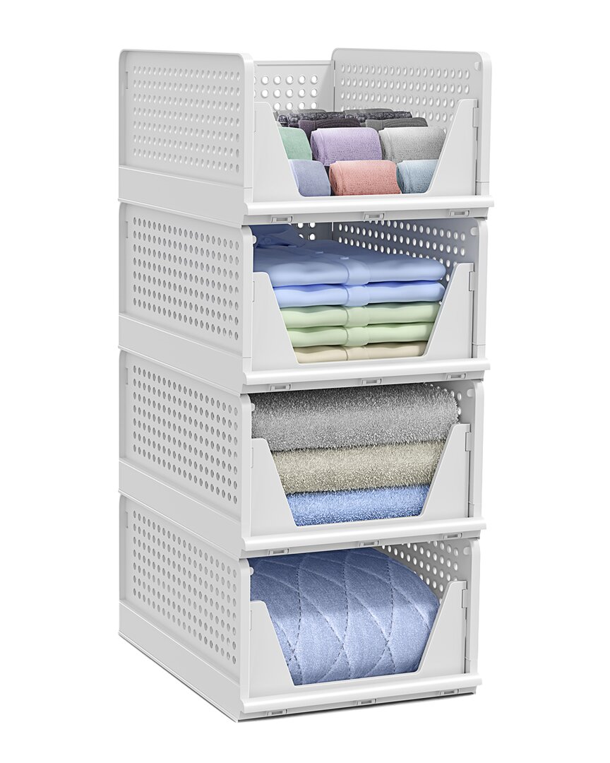 Medium Foldable Open-Front Stackable Plastic Baskets 4-Pack