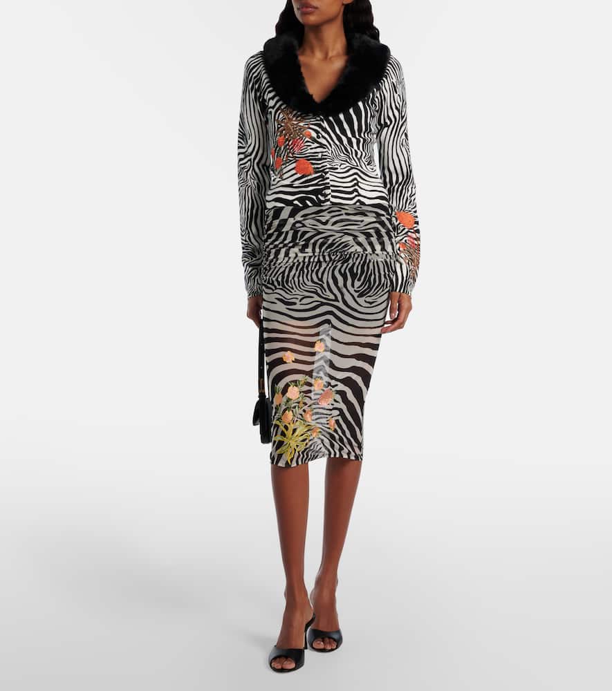 Printed sheer mesh midi skirt