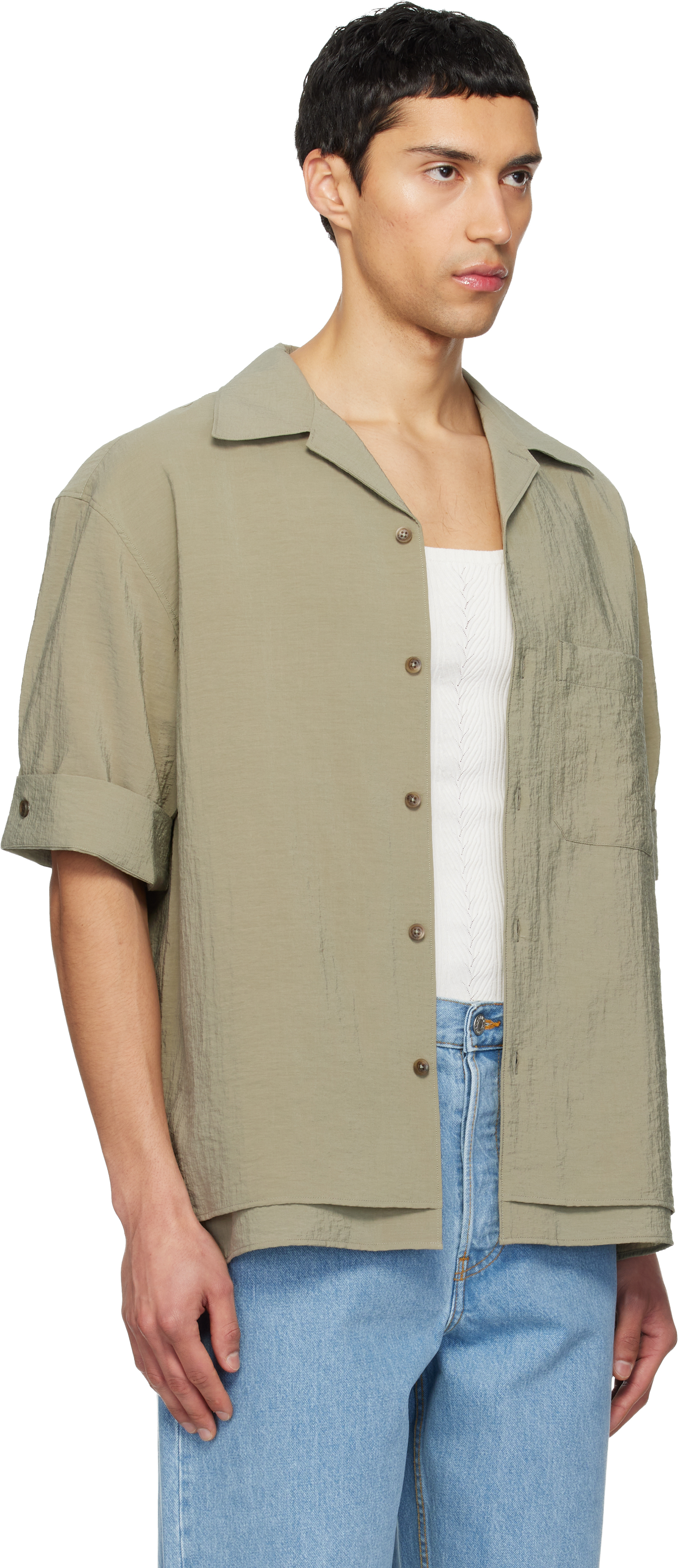 Khaki Double-Layered Open Collar Shirt
