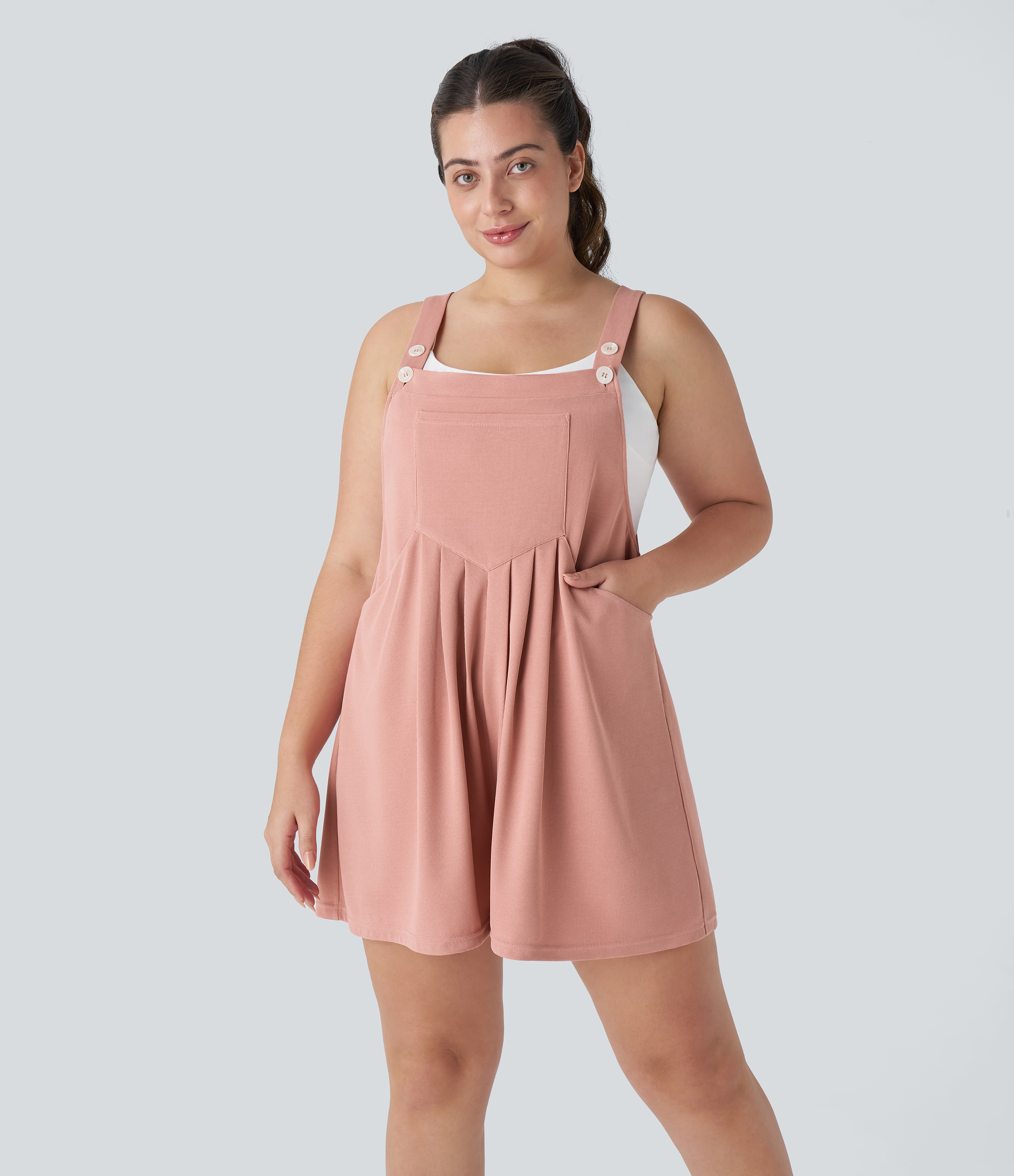 Pockets Waffle Casual Plus Size Overalls  - Rose Tan