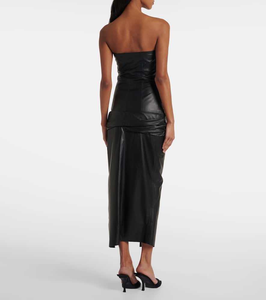 Draped strapless leather midi dress