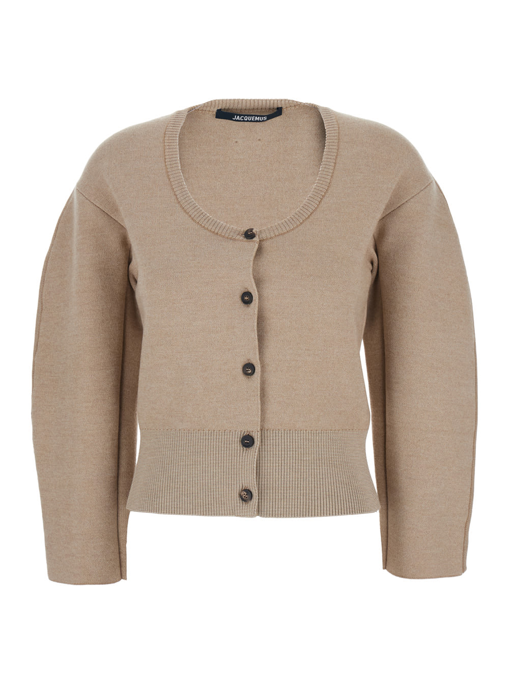 Le Gilet Doppio Beige Cardigan With Round Neck And Ribbed Trims In Wool Blend Stretch Woman