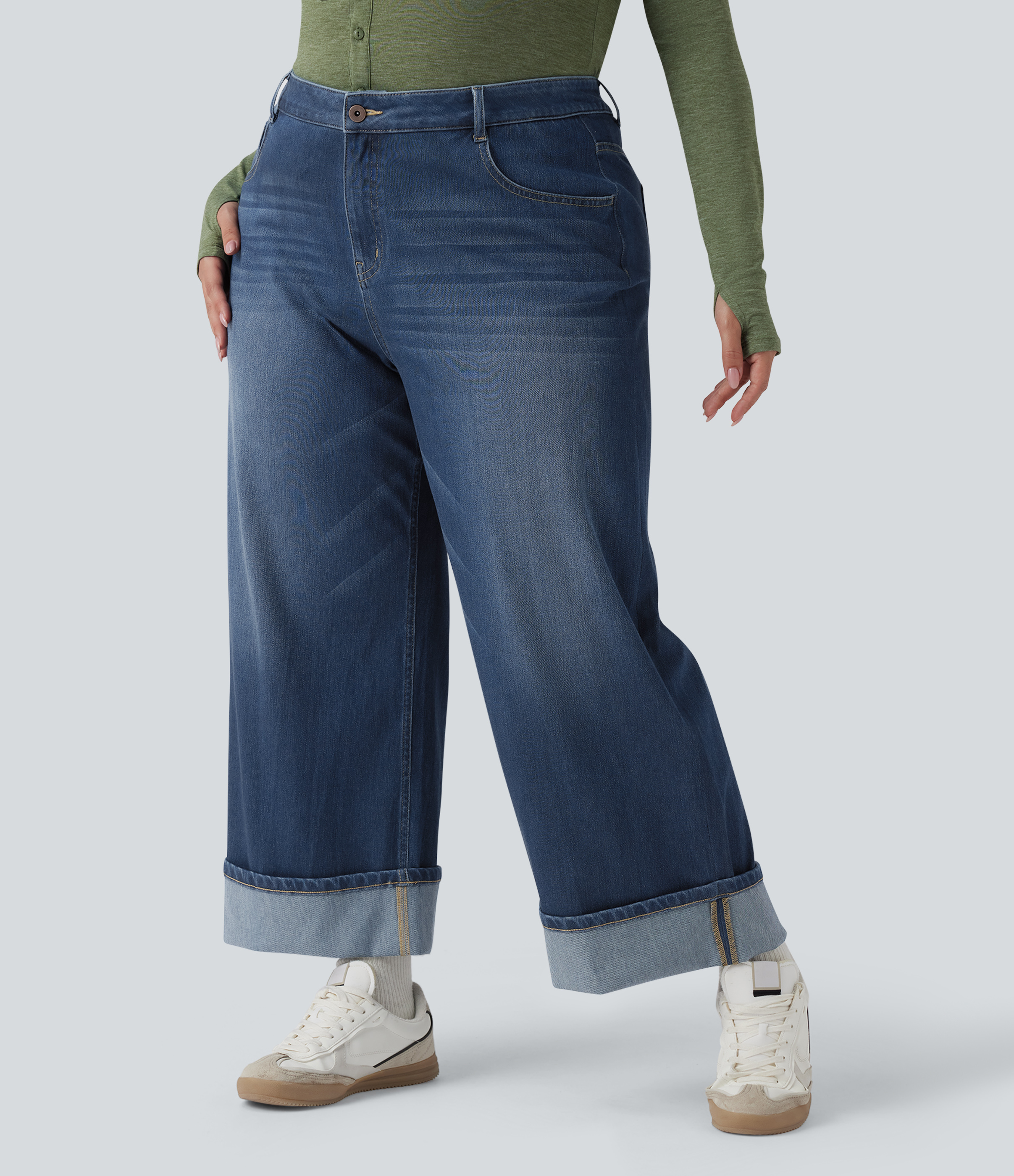 Plus Size Flex™ High Waisted Wide Leg Rolled Hem Washed Stretchy Knit Casual Jeans with Pockets  - Distressed Denim Dark Blue