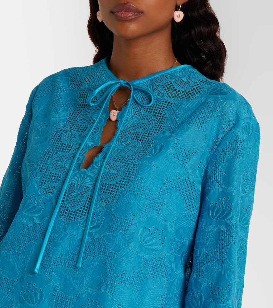 Broderie anglaise silk-trimmed cotton kaftan