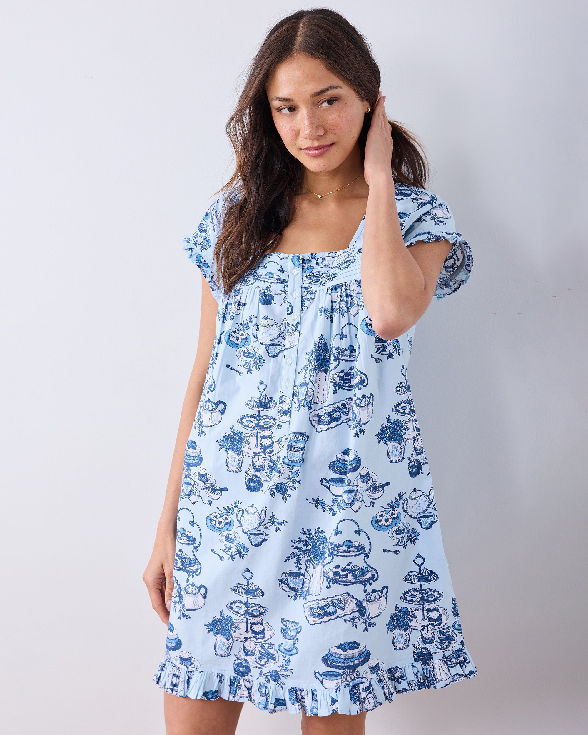 Organic Cotton Pintuck Nightgown in High Tea Toile | Women's XXS | Blue | Sleepwear