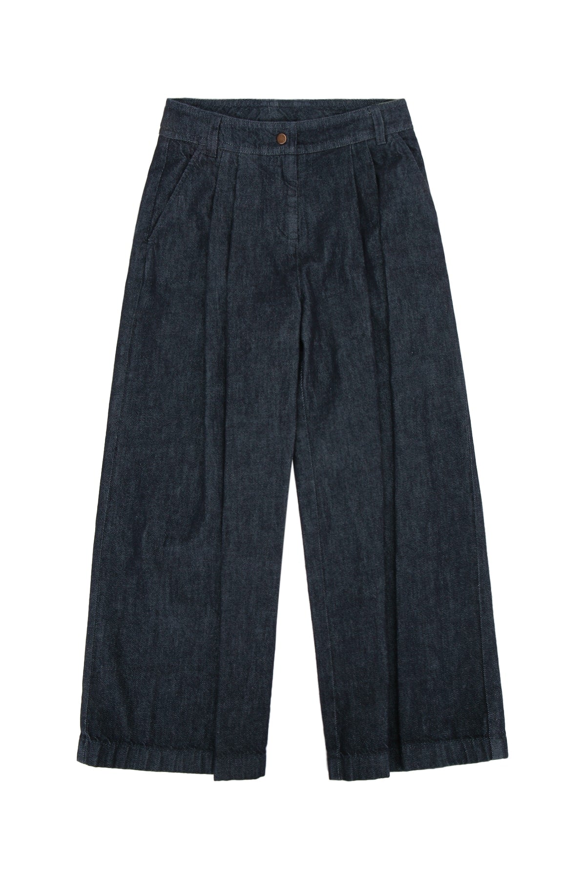 Pleated Denim Trousers — Navy