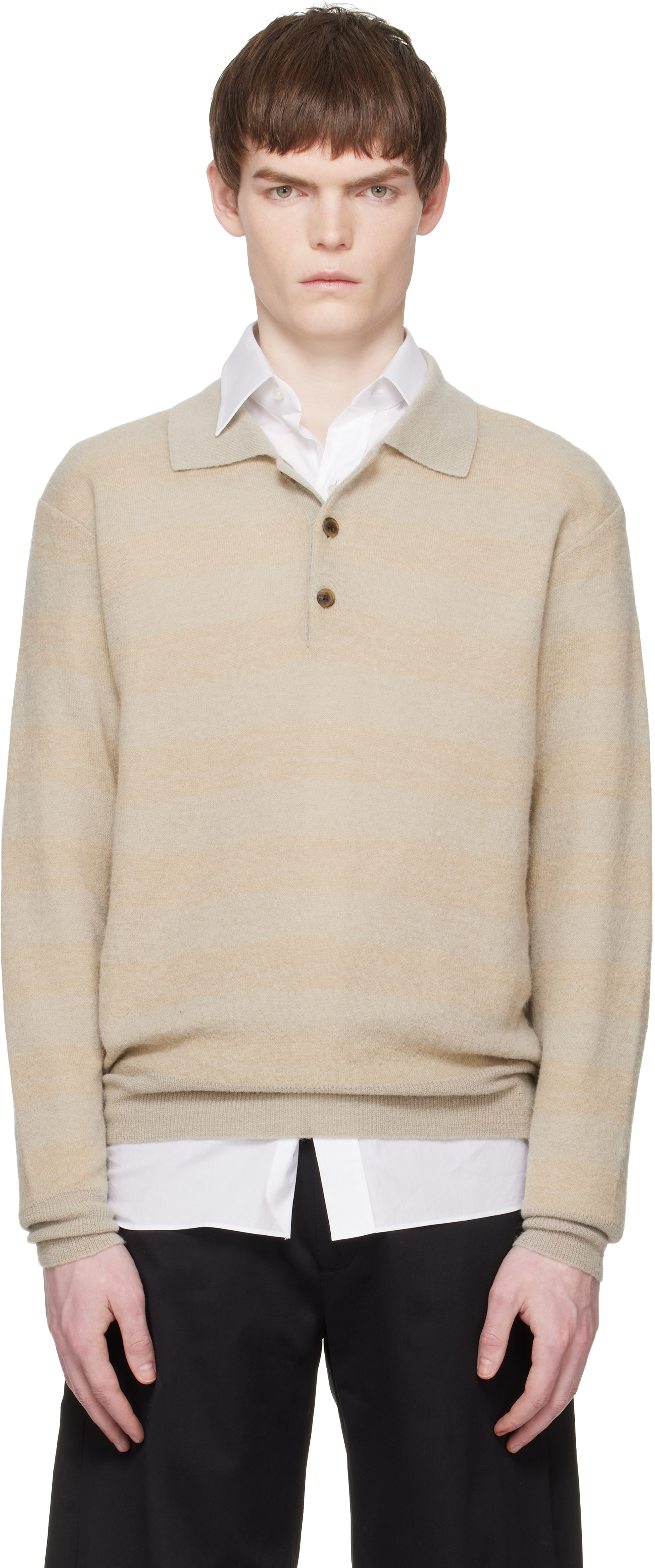 Beige Knit Stripe LS Polo