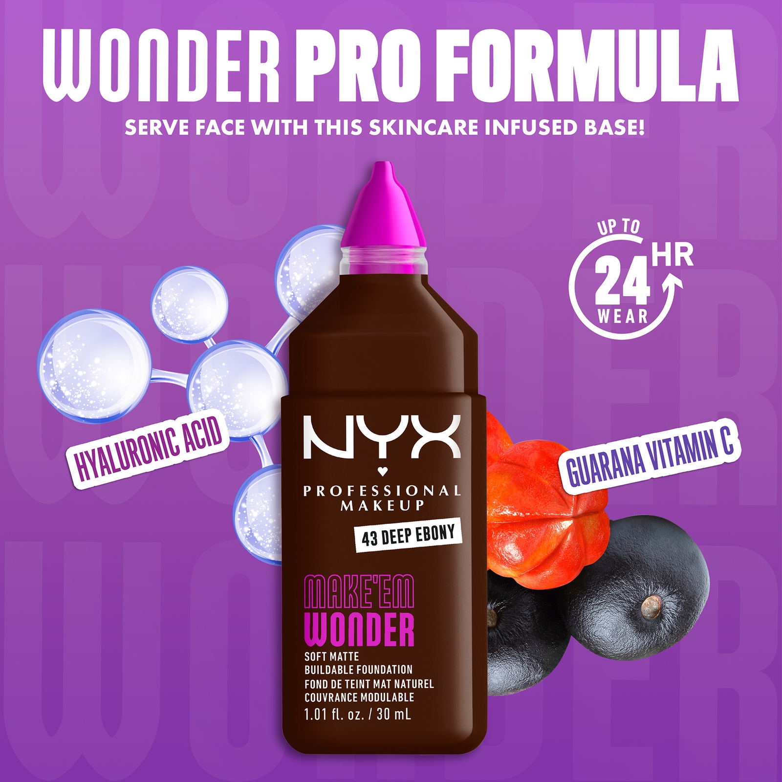 NYX Professional Makeup Make 'EM Wonder, 24H Soft Matte Foundation, Undetectable Finish, - Deep Ebony