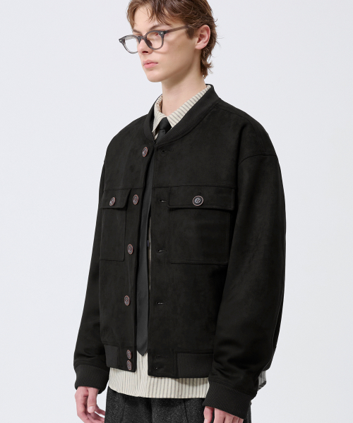 Two Pocket Button Suede Bomber Jacket_Black